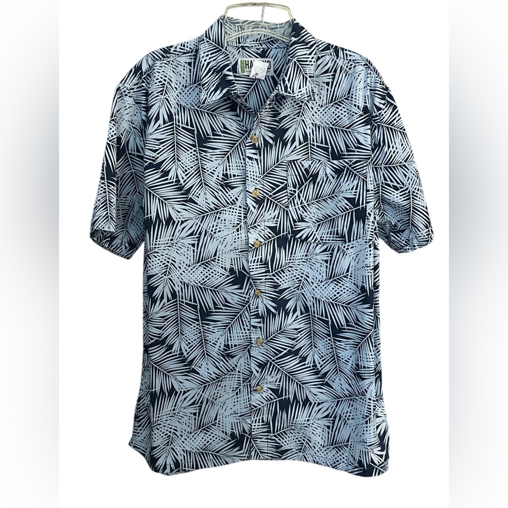 Haband mens Hawaiian tropical blue Palm button down shirt size M Short‎ Sleeve
